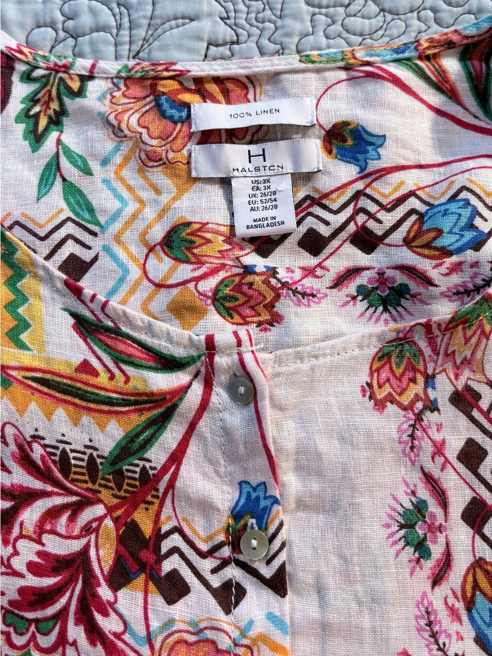 H Halston 100% Linen Floral Boho Button Front Roll Tab Sleeve Tunic Top 3X💚 - Picture 7 of 10